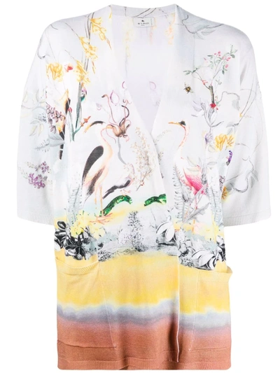 Etro Riverside Floral & Bird Print Wool & Silk Open Cardigan In Grigio