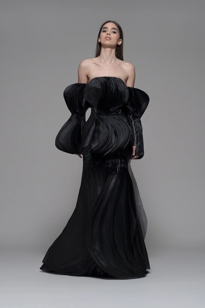 Isabel Sanchis Faggeto Off Shoulder Pleated Gown