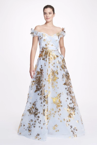 Marchesa Notte Draped Foiled Organza  Gown