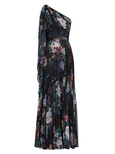 Marchesa Notte One-shoulder Pleated Floral-print Chiffon Gown In Multi