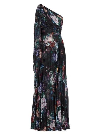 Marchesa Notte One-shoulder Pleated Floral-print Chiffon Gown In Black