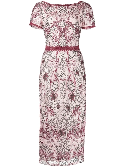 Marchesa Notte Short Sleeve Embroidered Guipure Dress In Pink