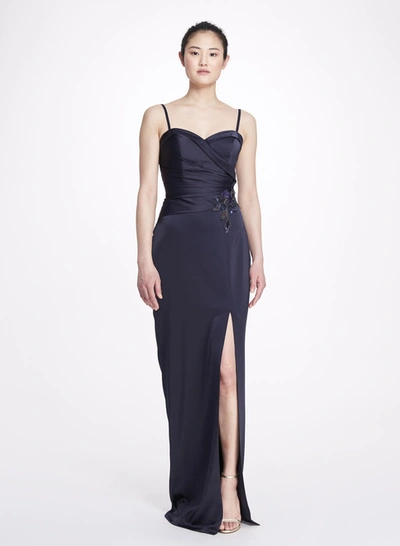 Marchesa Notte Sleeveless Draped Satin Back Crepe Gown In Blue