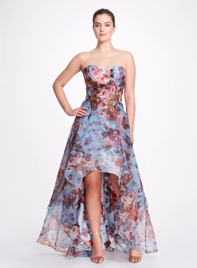 Marchesa Notte Strapless Embellished Floral-print Organza Gown In Pink