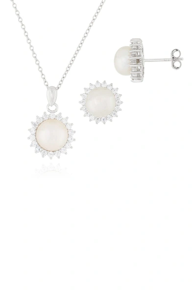 Splendid Pearls 8.5-9mm White Freshwater Pearl & Cz Halo Pendant Necklace & Stud Earrings Set
