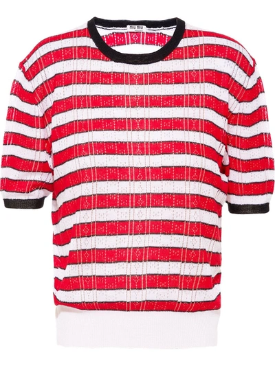 Miu Miu Striped Openwork Cashmere-silk Sweater In Rot