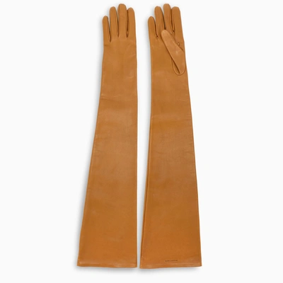 Saint Laurent Engraved Logo Long Gloves In Brown