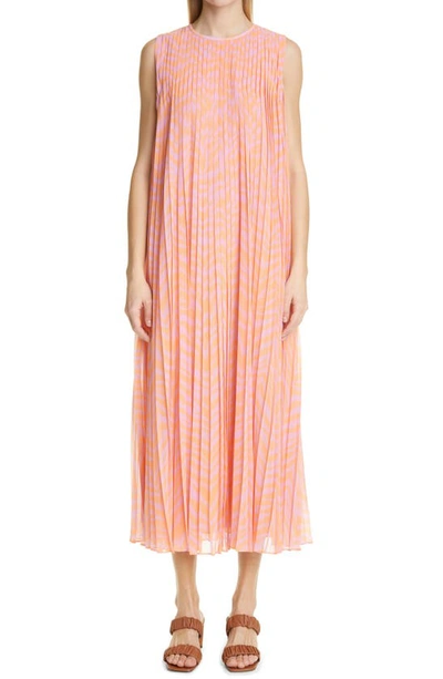 Lafayette 148 Willow Chevron-print Pleated Midi Dress In Dahlia Multi
