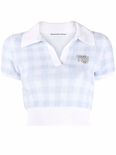Alexander Wang T Cropped Crystal-embellished Gingham Cotton-blend Terry Top In Blue
