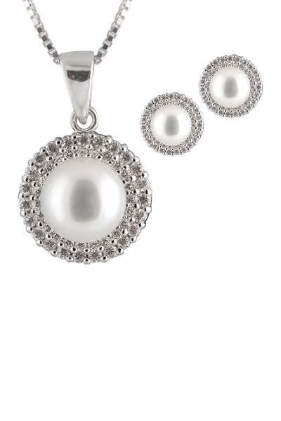 Splendid Pearls 8-8.5mm Grey Freshwater Pearl & Cz Double Halo Pendant Necklace & Stud Earrings Set In White