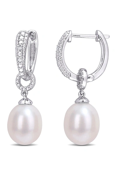 Delmar Sterling Silver 8.5mm Cultured Freshwater Pearl & Diamond 29.5mm Hoop Earrings- 0.02 Ctw In White