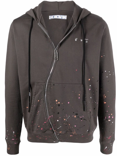 Off-white Logo-print Paint-splatter Hoodie In Brown