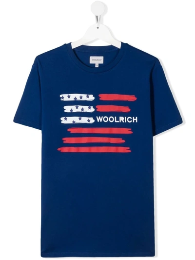 Woolrich Teen Logo-flag Print T-shirt In Blue