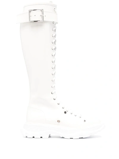 Alexander Mcqueen Tread Lace-up Knee-high Boots In White