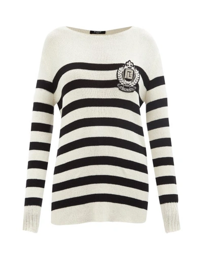Balmain Zardozi-embroidered Striped Cotton-blend Sweater In White