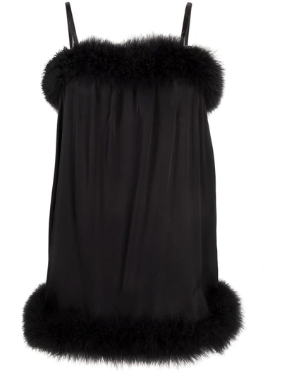 Saint Laurent Black Feather-trim Satin Slip Minidress