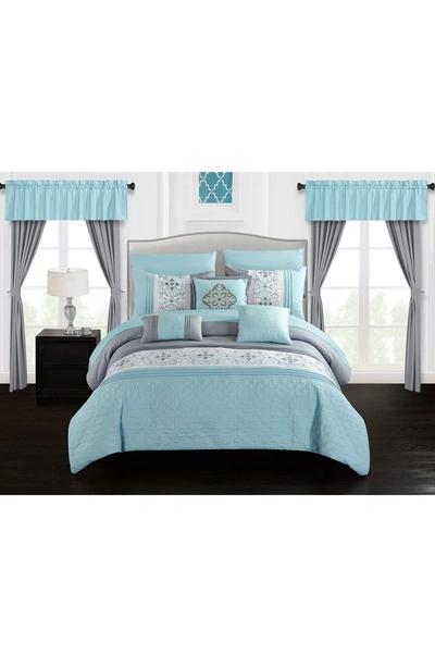 Chic Home Bedding Jurgen Color Block Floral Embroidered Technique With Ruffled Details King Bed In A Bag Comforter 20- In Aqua Blue