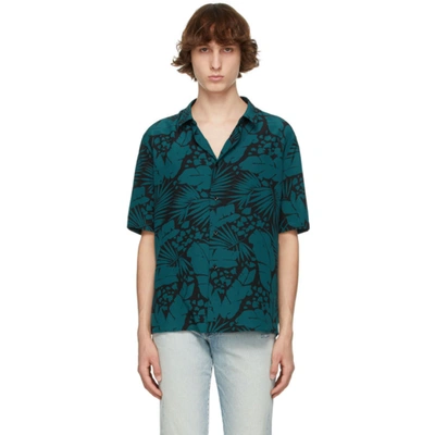 Saint Laurent Black & Blue Crepe De Chine Short Sleeve Shirt In 1097 Blkpea