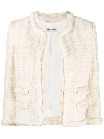 Saint Laurent White Short Jacket In Check Wool And Silk Tweed