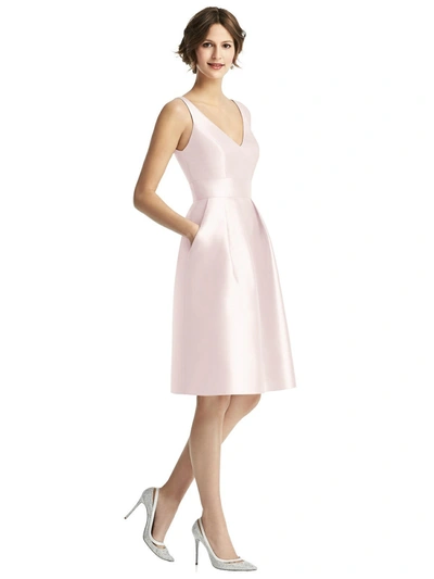 Alfred Sung V-neck Pleated Skirt Cocktail Dress With Pockets In Pink