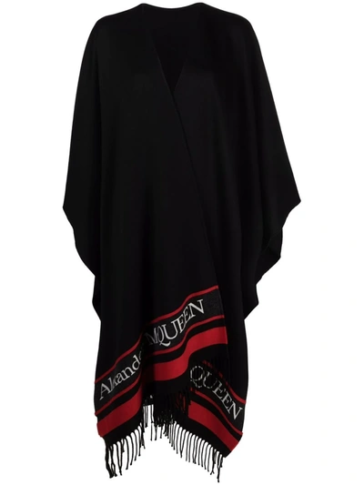 Alexander Mcqueen Oversized Fringed Wool And Cashmere-blend Jacquard Cape In Black