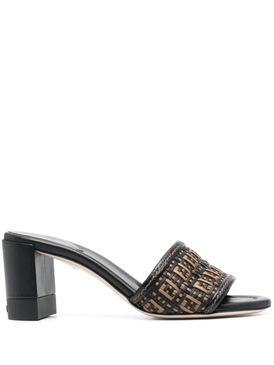 Fendi Ff Woven Logo Leather Mules In Black