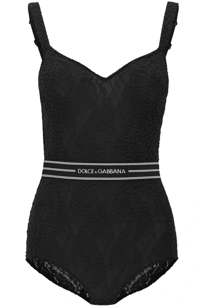 Dolce & Gabbana Lace Bodysuit With Logo Band In Black