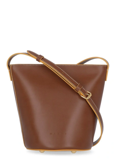 Marni Leather Bucket Bag In Cinnamon+honey
