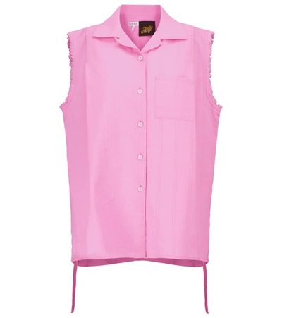 Loewe + Paula's Ibiza Tie-detailed Frayed Cotton Blouse In Pink