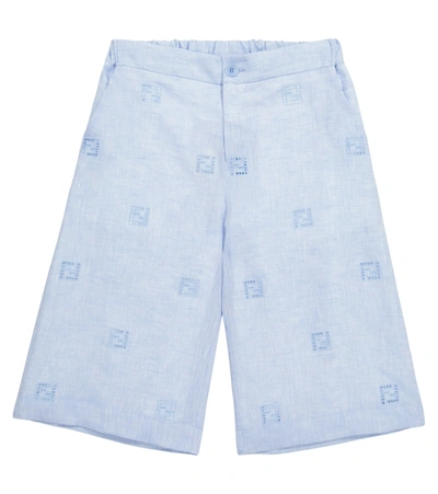 Fendi Kids' Ff亚麻百慕大短裤 In Blue