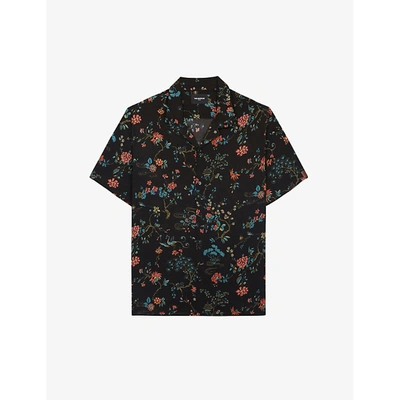 The Kooples Floral Print Regular Fit Button Down Camp Shirt In Bla99