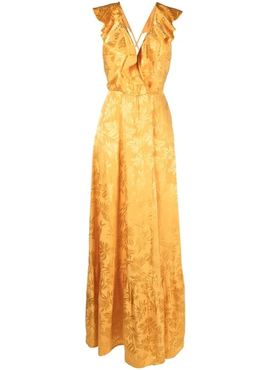 Sabina Musayev Floral-jacquard Ruffle-detail Maxi Dress In Yellow