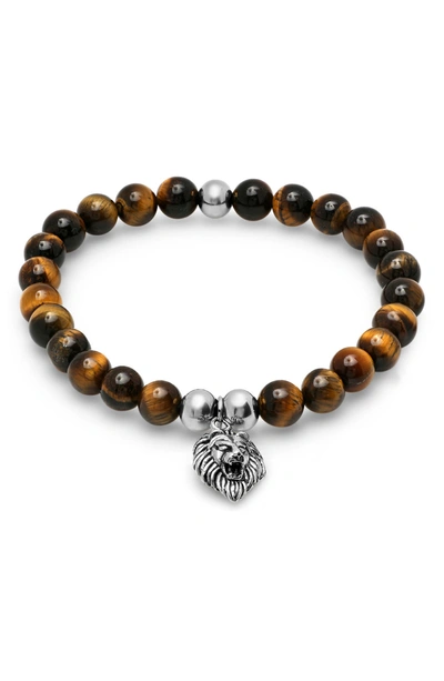 Hmy Jewelry Stainless Steel & Tiger Eye Beaded Tiger Charm Bracelet In Metallic