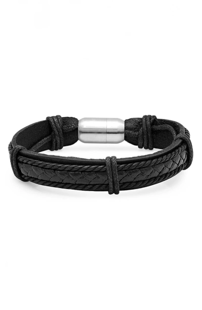 Hmy Jewelry Stainless Steel Charm & Braided Leather Bracelet In Black