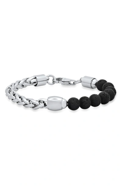 Hmy Jewelry Beaded Black Lava & Stainless Steel Curb Link Bracelet In Metallic-black
