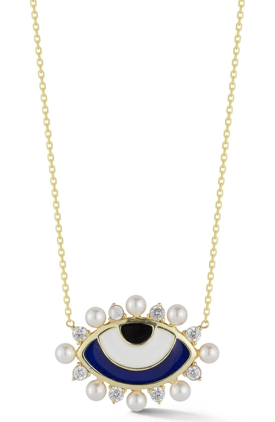 Sphera Milano Yellow Gold Vermeil Cz & Freshwater Pearl Evil Eye Pendant Necklace
