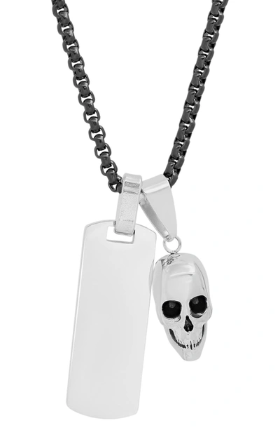 Hmy Jewelry Two-tone Stainless Steel Skull & Dog Tag Pendant Necklace In Metallic-black
