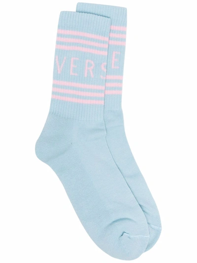 Versace Logo-print Ribbed Socks In Blue