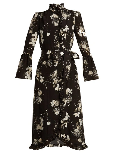 Erdem Siren Ruffled Floral-print Silk Crepe De Chine Dress In Black White