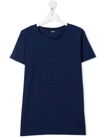 Balmain Kids' Logo压纹短袖t恤 In Blue