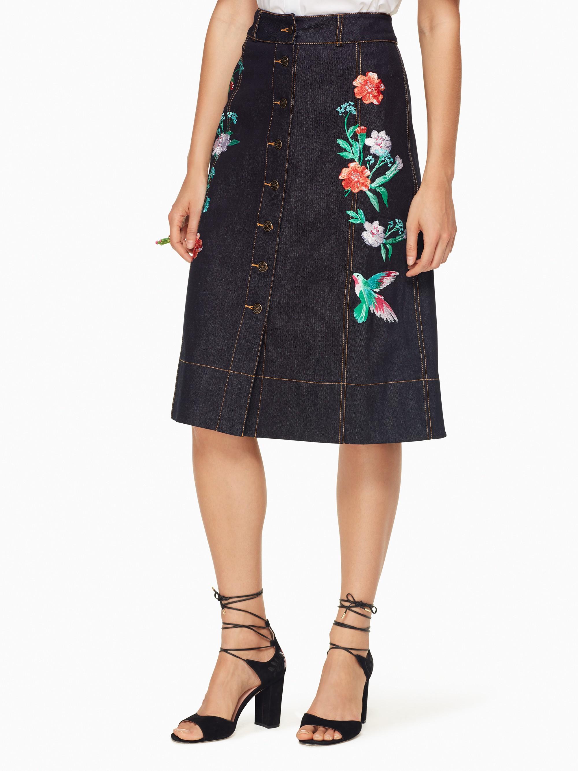Kate Spade Embroidered Denim Skirt In Indigo | ModeSens