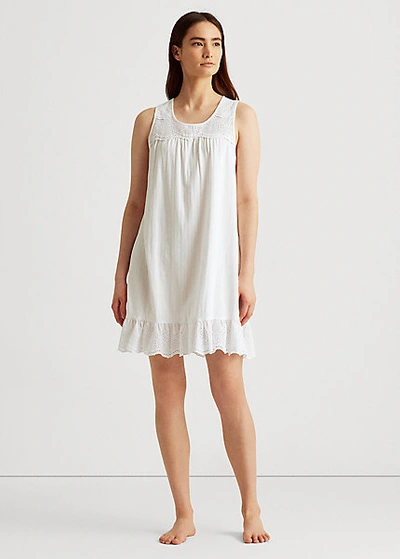 Lauren Ralph Lauren Eyelet Cotton Sleeveless Nightgown In White