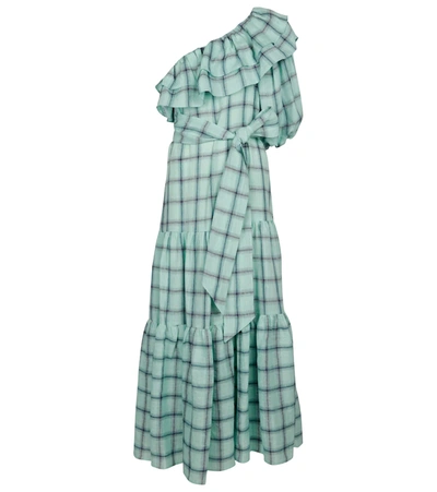 Lisa Marie Fernandez Arden Plaid Ruffle One-shoulder Linen Maxi Dress In Green