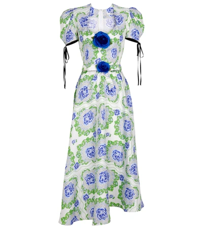 Rodarte Embellished Floral-print Silk-twill Midi Dress In Blue Green Floral