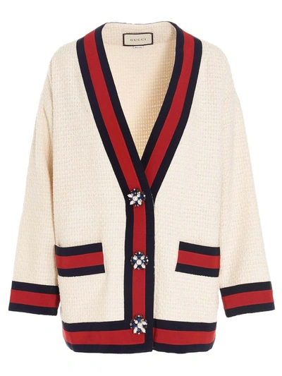 Gucci Red And Black Details Cardigan In White In Multicolour