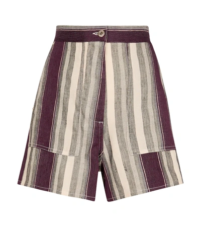 Loewe + Paula's Ibiza Striped Linen And Cotton-blend Shorts In Burgundy Black White