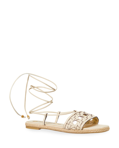 Tory Burch Caning Ankle-wrap Leather Espadrille Sandals In New Cream