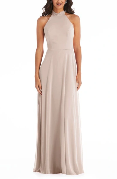 After Six Backless Halter Evening Gown In Beige