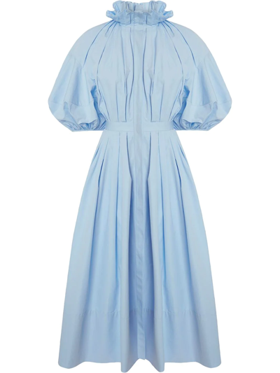 Alexander Mcqueen Ruffled Pleated Cotton-poplin Midi Dress In Blue