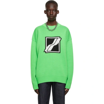 We11 Done Green Jacquard Knit Logo Sweater In Neon Green